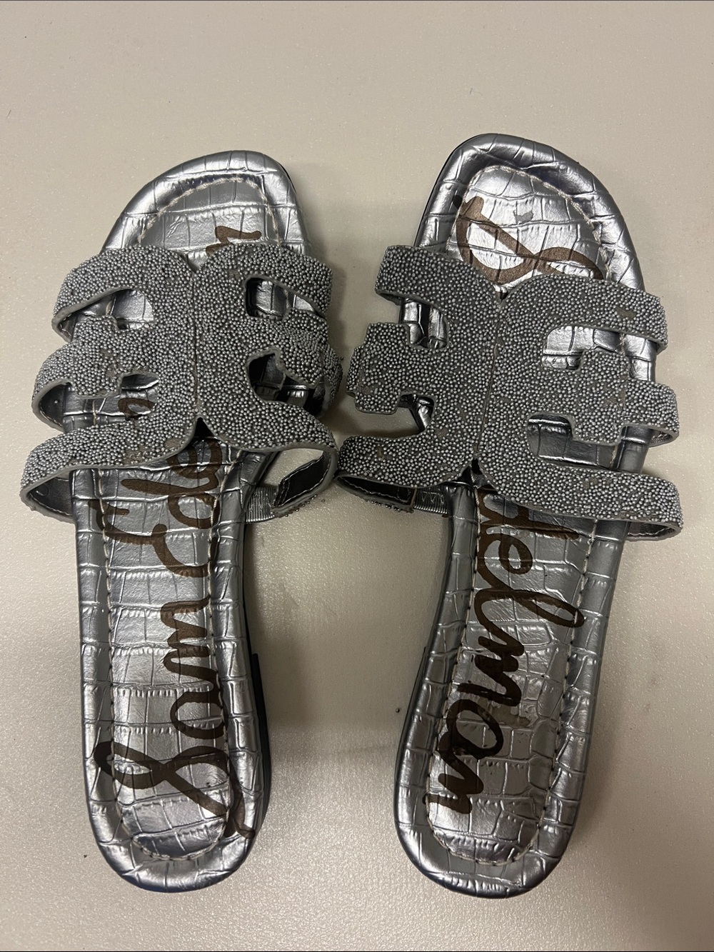 Sam Edelman Metallic Silver Beaded Slide Sandals